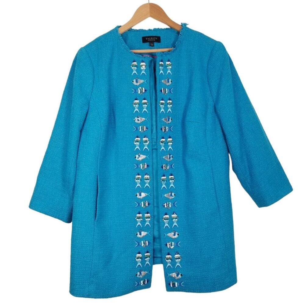 Talbots Blue Open Blazer Sequin Embroidered Party Fish Fringe Neck Petite 14WP